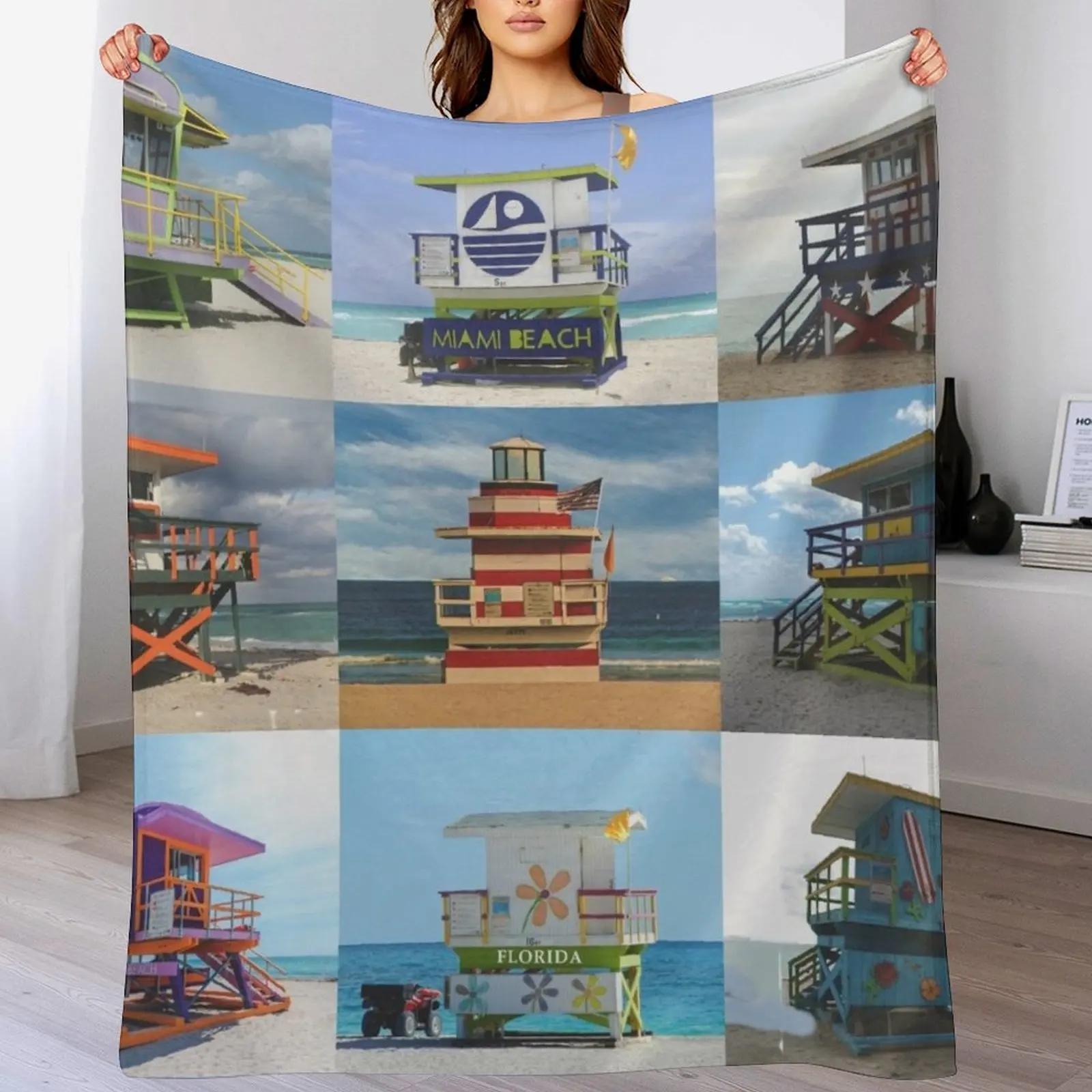 Miami Beach Florida Iconic Lifeguard Towers Throw Blanket Lightweight Warm Blanket for Travel Camping 102x76cm(40x30in)