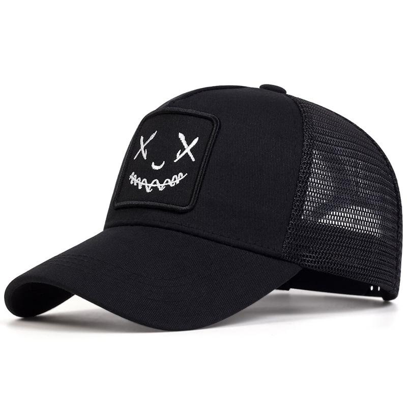 X Eyes Smiley Patch Trucker Hat, Mesh Back Adjustable Curved Brim Baseball Cap for Streetwear