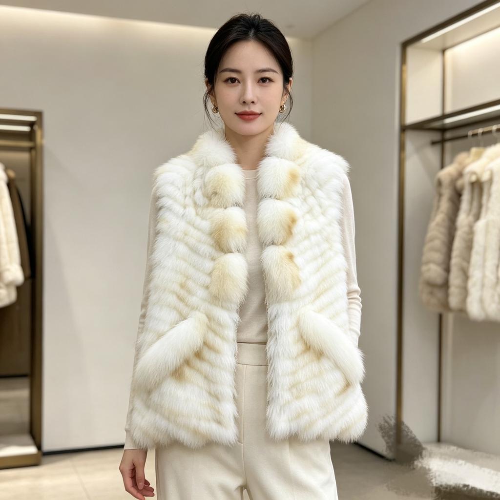 Internet celebrity Matsuma Bright Moon Fox Hair Car Stripe Vest Fashion Skinny Short Fur Vest Mao Mao Jacket Women