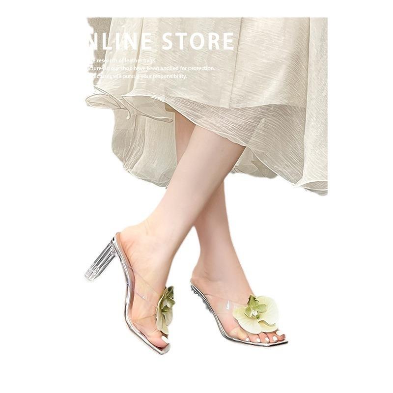 Transparent one-word cool slippers women's spring and summer new square head thick heel high heel sandals lis slipper