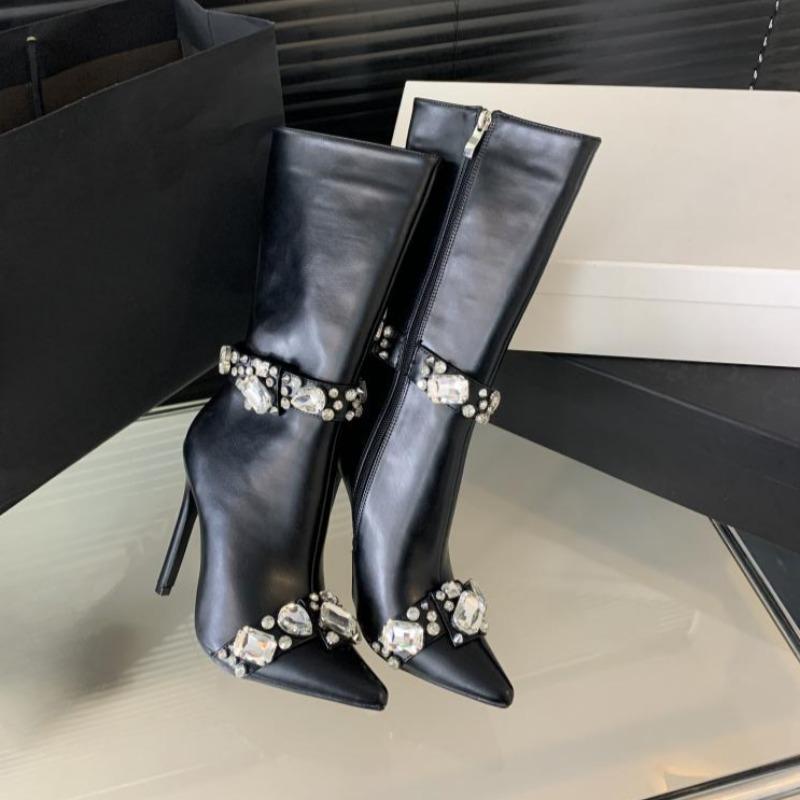 Modne Ręcznie Robione Inkrustowane Wodnym Diamentem Kryształowe Szpiczaste Damskie Kozaki nowe Sceniczne Pole Dance Pikantna Dziewczyna Kozaki do Połowy Łydki na Wysokim Obcasie rozmiar 35-42