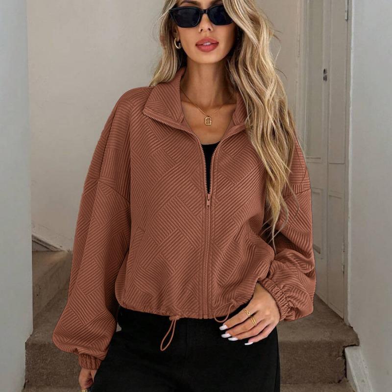Herbst Winter Stehkragen Einfarbig Lässig Mode Strickjacke Mantel Damen Kordelzug Reißverschluss Jacke Oberteil