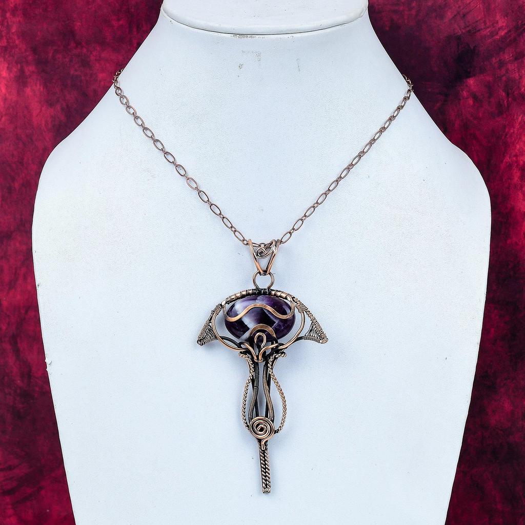 Chevron Amethyst Pendant Copper Wire Wrapped Handmade Jewelry Gemstone Pendant