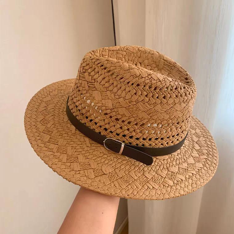 Retro old money wind flat top straw hat women's summer hollow sunshade sunscreen hat seaside beach vacation straw sun hat