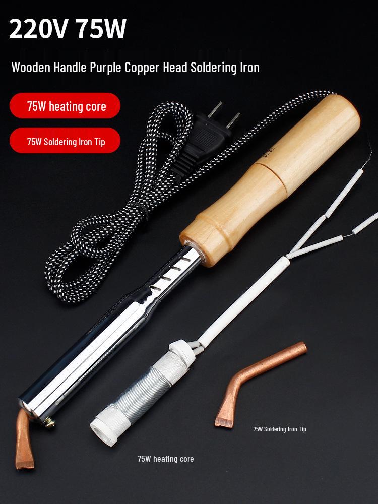 High-Power Electric Soldering Iron Set with Wood Handle - Purple Copper Bent Flat Tip for Household Electronics Repair.