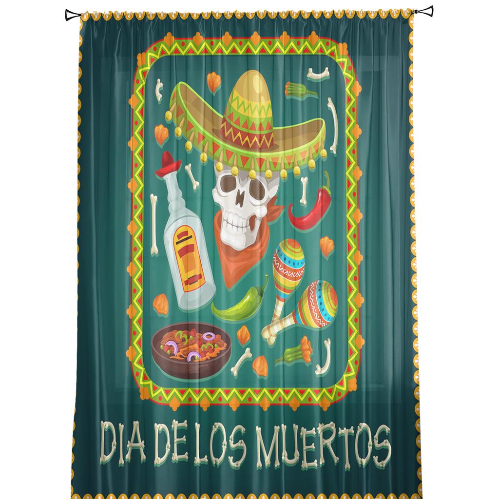 Mexican Festival Food Skull Sheer Curtains Window Tulle Curtains For Living Room Bedroom For Kitchen Veiling Curtains Decoration