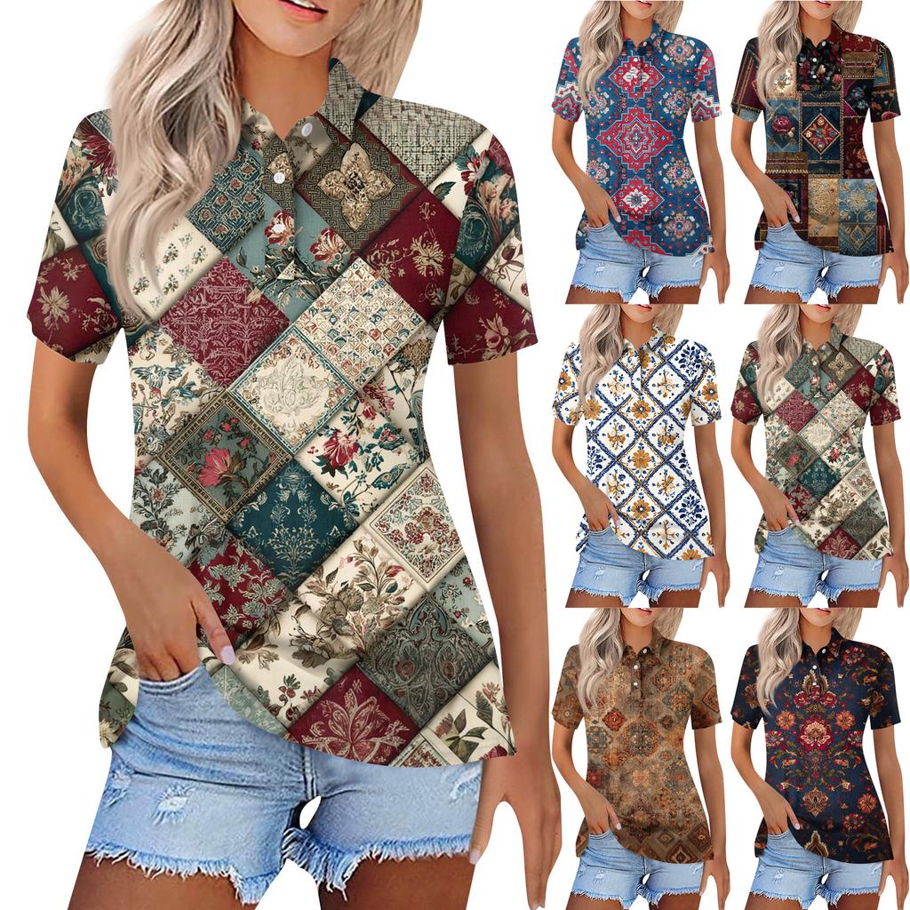 Dámská móda Neformální košile s potiskem s klopou a krátkým rukávem Dámské topy se zapínáním na knoflíky