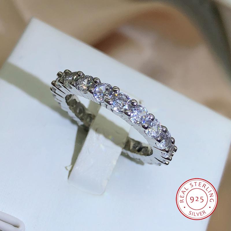 New Fashion Single Row Full Diamond Claw Set Ring Women  Stamp Bling Bling Round Zirconia Party Wedding Jewelry Gift