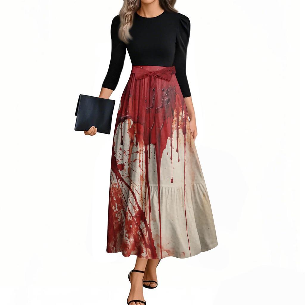 Rochii de damă la modă, casual, cu mâneci trei sferturi, cu guler rotund, cu imprimeu de Halloween, elegante, cu temperament