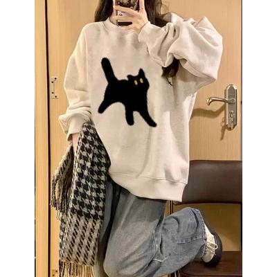 Retro Round Neck Hoodie for Women Spring Autumn Gray with Fleece Early Autumn Coat Top Hoodies