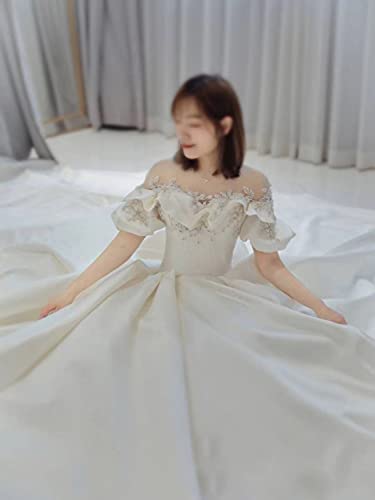 [Housaku Co., Ltd.] Wedding Dress, Illusion Neck, Bell Sleeves, Satin, Elegant, Exquisite Princess Style, Lace-up, A-line, for Concerts, Recitals, Gor