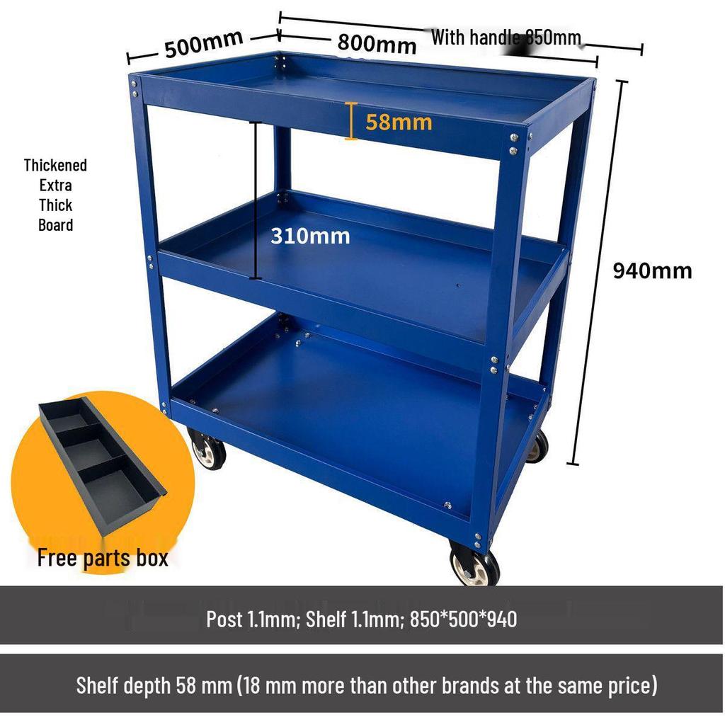 Three-Tier Hand Push Tool Cart for Auto Repair and Maintenance, Multi-functional Mobile Parts Storage Shelf