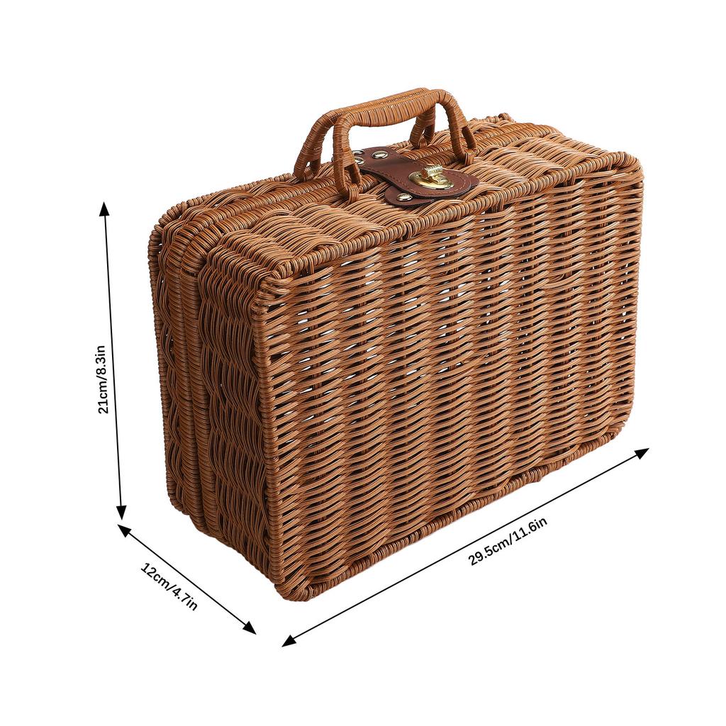 Mini Suitcase Box PE Rattan Hand Woven Rectangular Storage Basket with Handle for Travel Themed Party Wedding Decoration