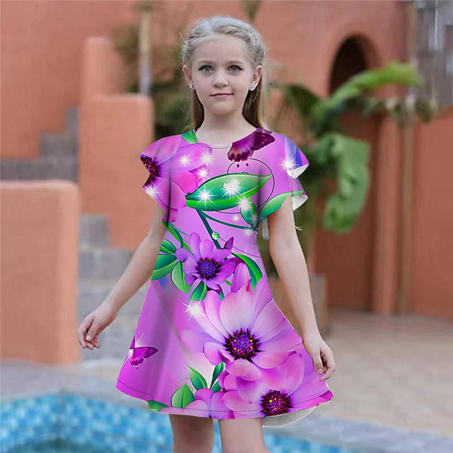 

Платья с принтом сверкающих цветов для девочек. Детское праздничное платье для девочек. Свободная облегающая юбка с короткими рукавами для девочек старше четырех лет. 120 розовый