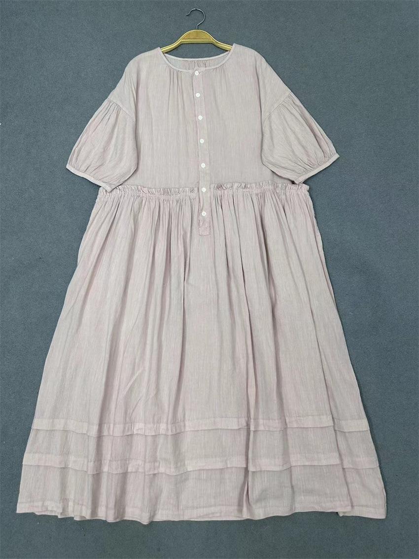 

Johnature японские платья с круглым вырезом и короткими рукавами, летние свободные винтажные лоскутные женские платья с оборками One Size розовый