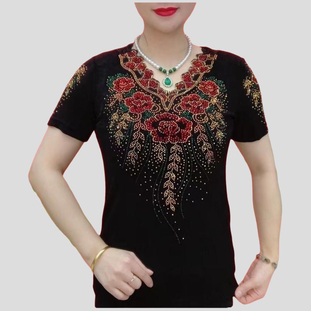 Women's V-neck Short Sleeve T-shirt Rhinestone Print High Stretch Slim-fit T-shirt