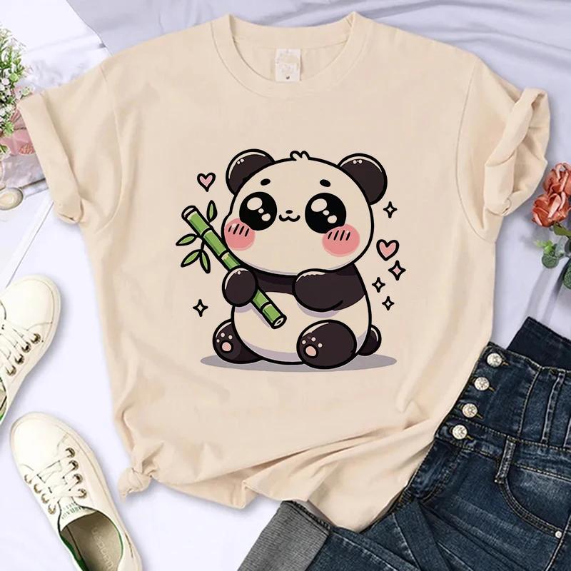 Funny Cute Panda Printed T Shirt for Women Summer Short Sleeve Cartoon Casual Creative T-shirt Vintage Round Neck Clothes
