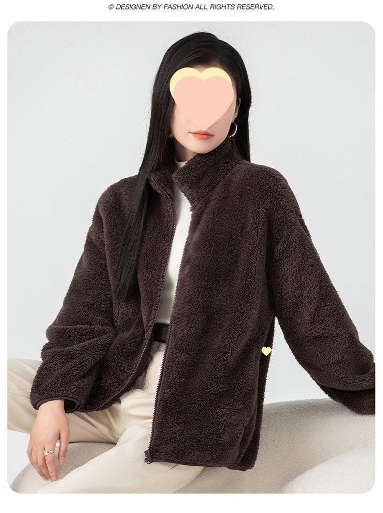 Women's Gray Double-Sided Fleece Hoodie Jacket, Plus Velvet, Thickened, Windproof Stand Collar, Long Sleeve, Warm Outerwear for Autumn/Winter