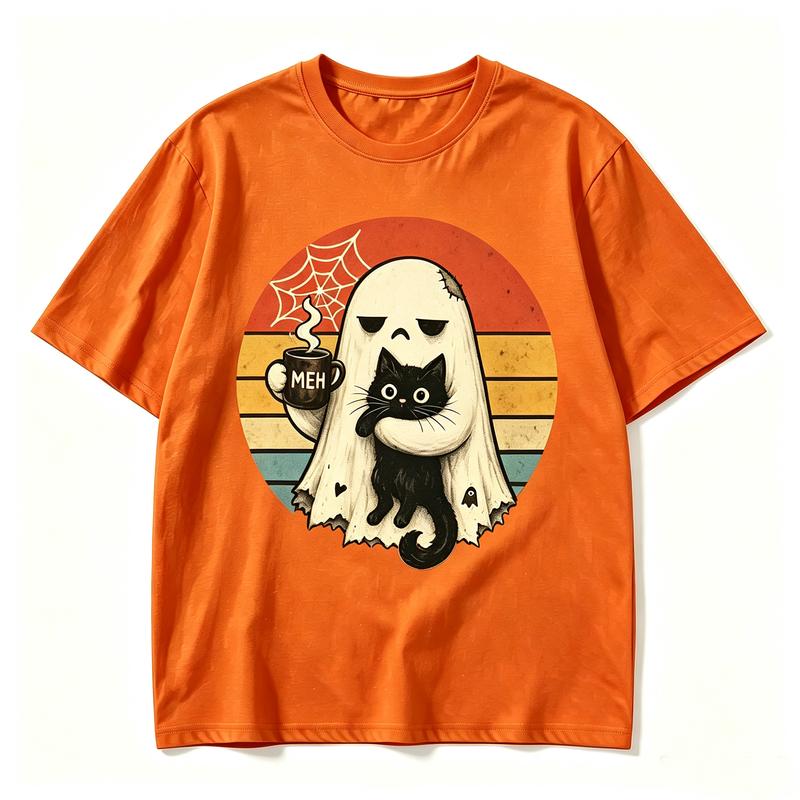 Ghost Black Cat Coffee T Shirt Vintage Retro Red Moon Bat Graphic Tee Halloween Unisex Casual Short Sleeve Pumpkin Season Tops
