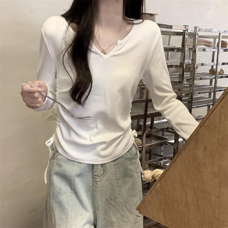 Women's Slim Fit V-Neck Drawstring Long-Sleeve Autumn Top