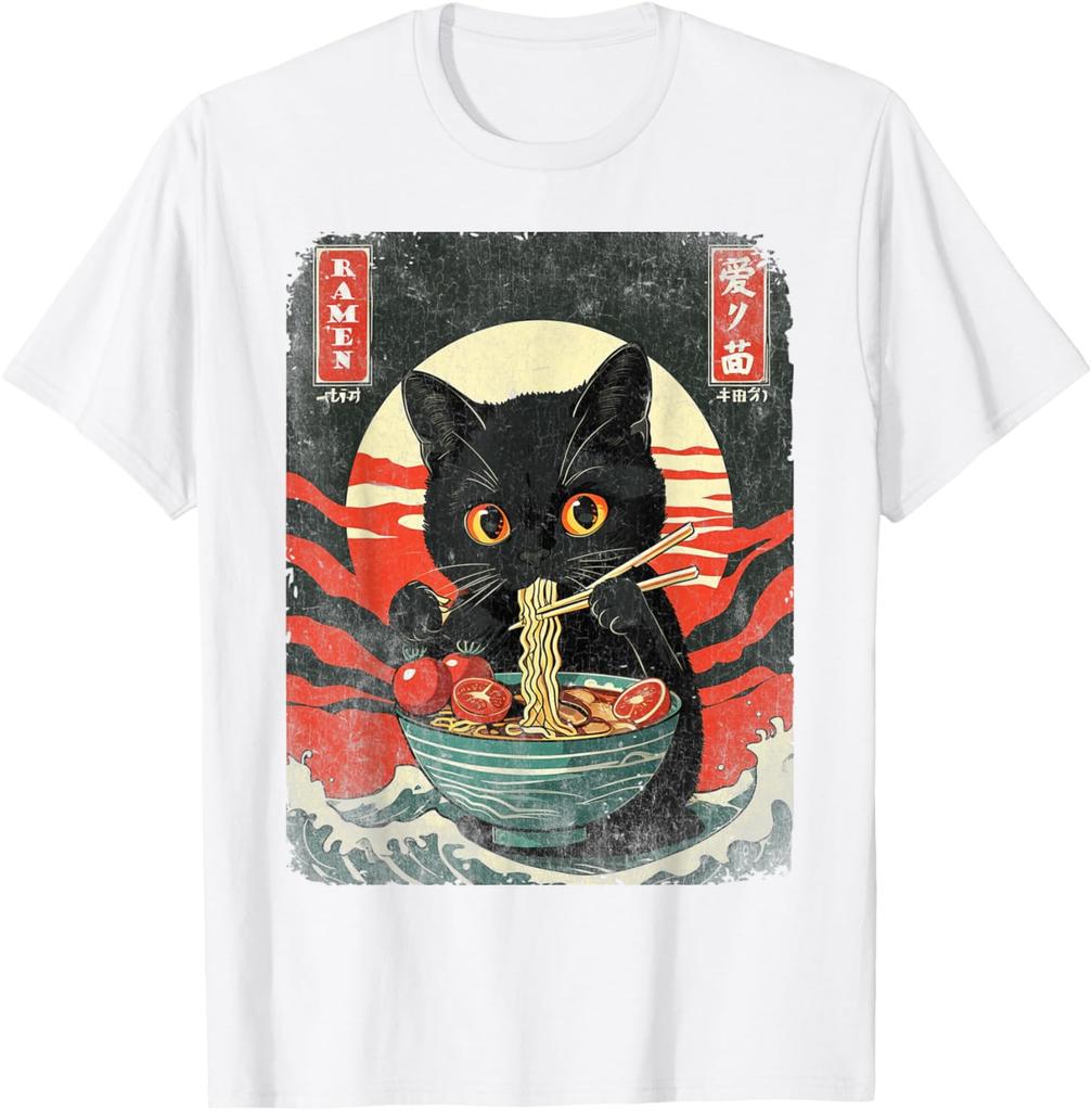 Black Cat Eating Ramen Japanese Style Graphic Tee Men Casual Short Sleeve T-Shirt