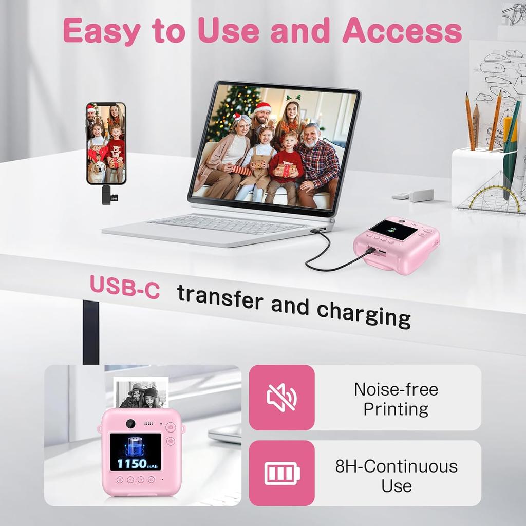 Kids Camera Instant Print, Dual-Lens 48MP Digital Camera for Christmas Birthday Gifts, 1080P Selfie Instant Cameras for Kids with 32GB Card, Instant