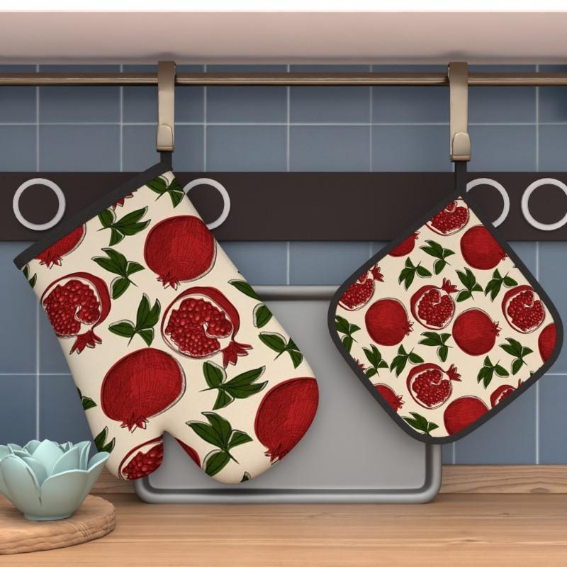 2PS 10.6*6.7 Inch Oven Mitt2PS And Potholder2PS Pomegranate leaf fruit Heat Re2PSi2PStant Oven Mitt