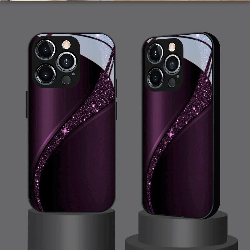 Purple Black Sparkle Curve Starlight Pattern Tempered Glass Black Phone Case For Samsung Galaxy S25 S24 S23 Ultra Plus FE Cover