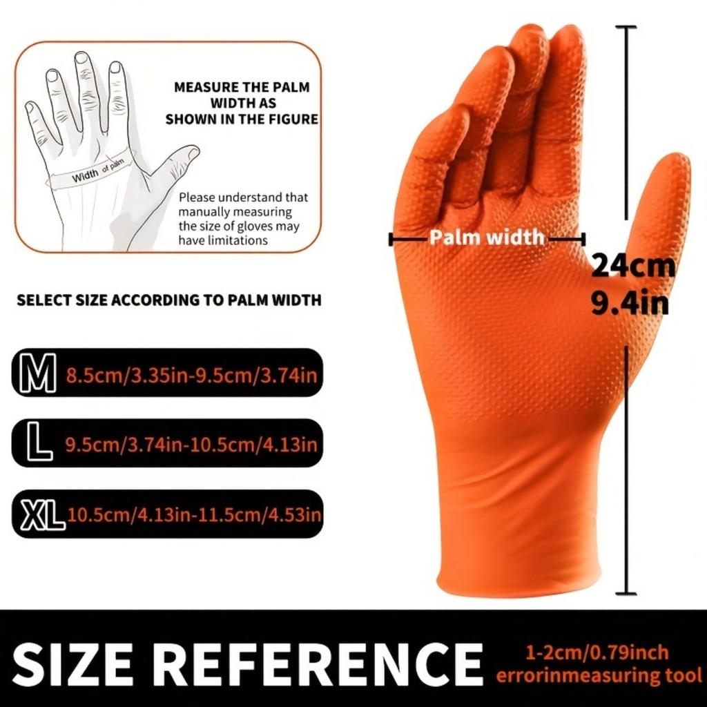 100-1pcs Heavy Duty Orange Nitrile Disposable Gloves with Diamond Textured Grip for Industrial and Mechanic Safety