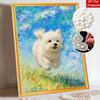 DIY Framed Pearl Painting Kit with Cute White Puppy Pattern 5D Sparkling Bead Art Canvas Ready to Display Home Decor Wall Art Gift Idea