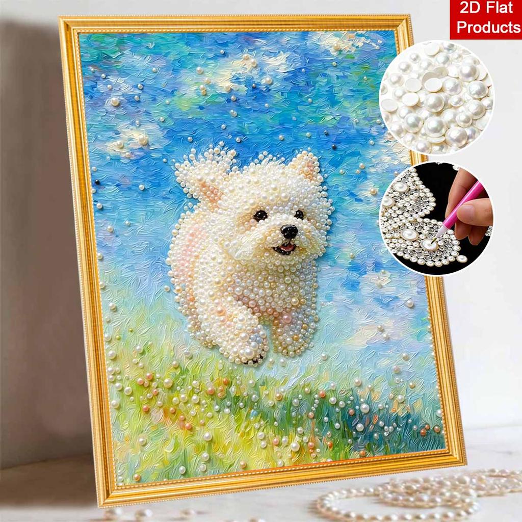 DIY Framed Pearl Painting Kit with Cute White Puppy Pattern 5D Sparkling Bead Art Canvas Ready to Display Home Decor Wall Art Gift Idea