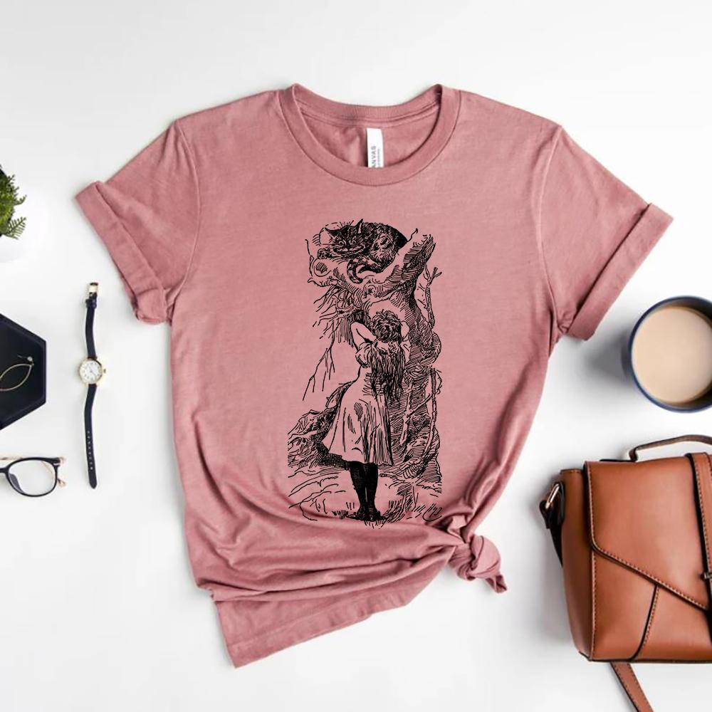 Alice Wonderland T Shirt Cheshire Cat Vintage Illustration TeeCute Trendy Unbirthday Party Shirt Mom Shirt Unisex Casual Tops