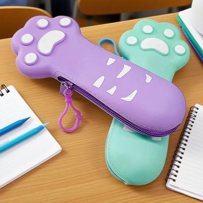 Cute Cartoon Cat Paw Silicone Pencil Case High Capacity Zipper Stationery Bag Stylish Design Large Storage For School And Office Supplies