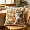 Cute Floral Cats Pillow Cover 2D Faux Embroidery Print Adorable Kittens In Flowers Cushion Case For Sofa Bed Couch Rustic Home