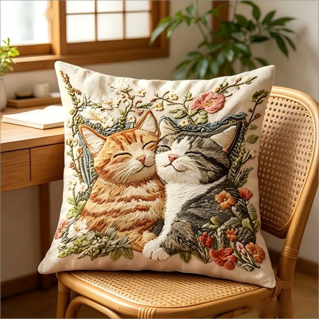 Cute Floral Cats Pillow Cover 2D Faux Embroidery Print Adorable Kittens In Flowers Cushion Case For Sofa Bed Couch Rustic Home