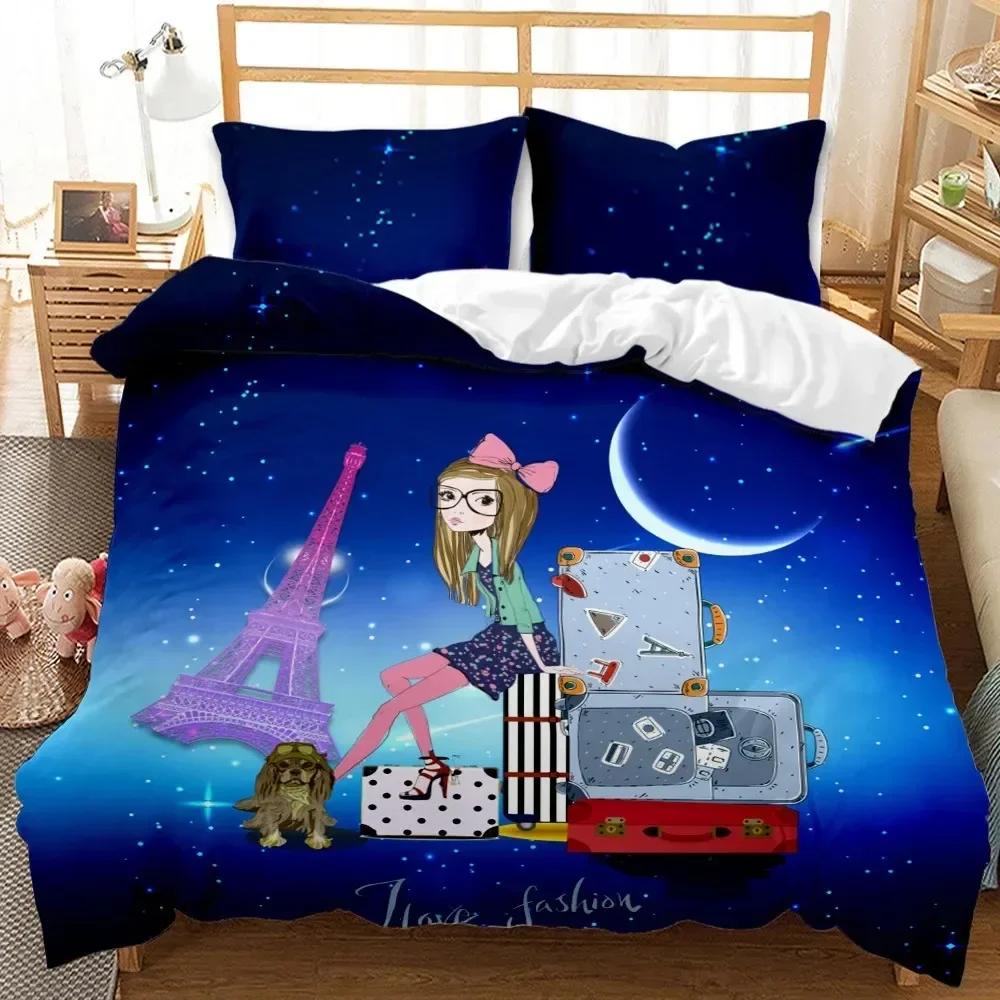 Musical Girl King Queen Duvet Cover Modern Fashion Girly Bedding Set for Kids Teens Adults Cartoon Hip Hop style Quilt Cover