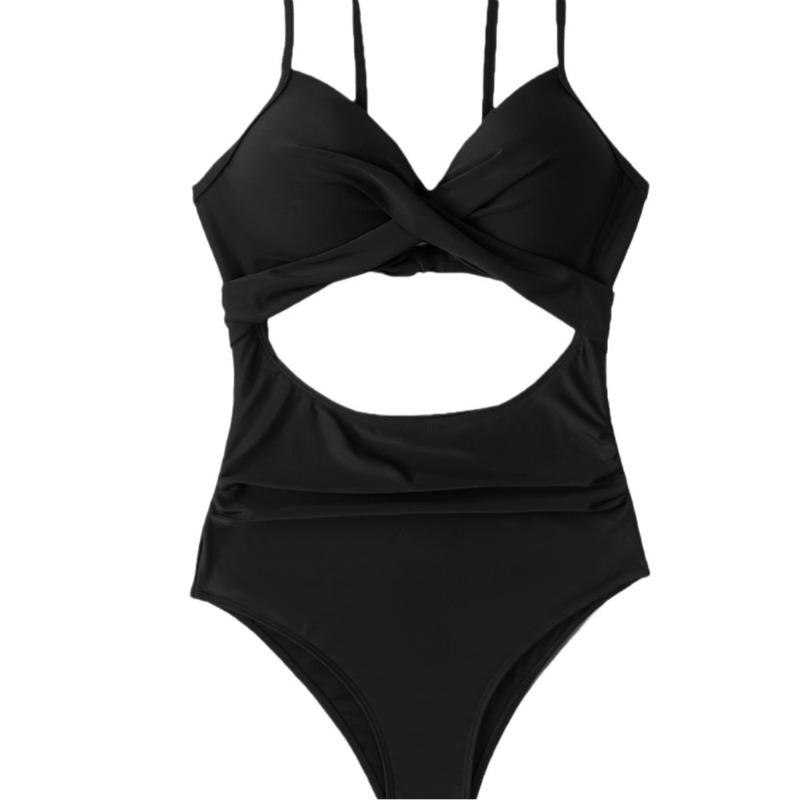 New sexy solid color cross-wrinkled hollow straps lace-up one-piece swimsuit swimsuit