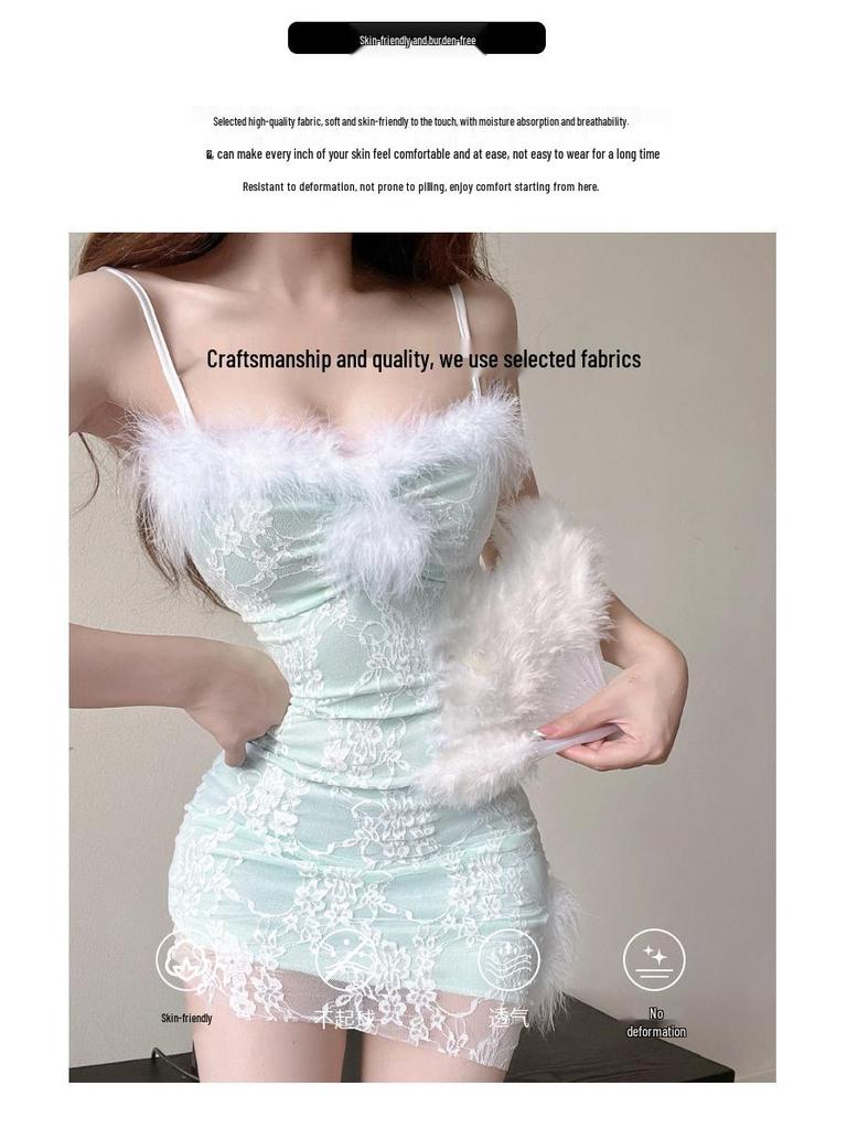 Spitzen-Weiß-Fellbesatz Tief ausgeschnittenes Bodycon-Camisole-Kleid