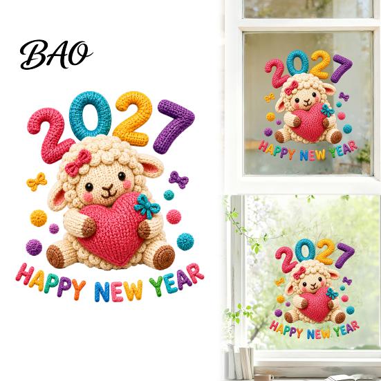Holiday Storefront Glass Adhesives Chinese New Year Window Stickers, 2027 Goat Static Clings, Cute Removable PVC Stickers Crochet Knit Sheep
