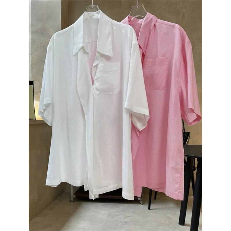 Summer Slightly Transparent Linen Short Sleeve Shirt Women Design Sense Lapel Loose Silhouette Cool Top Female