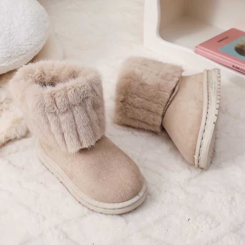 Shoes for kids Winter girl's Black Round Toe Solid Flock Plush Warm Mid Heel Water Proof Casual kids Snow Boots botas niña