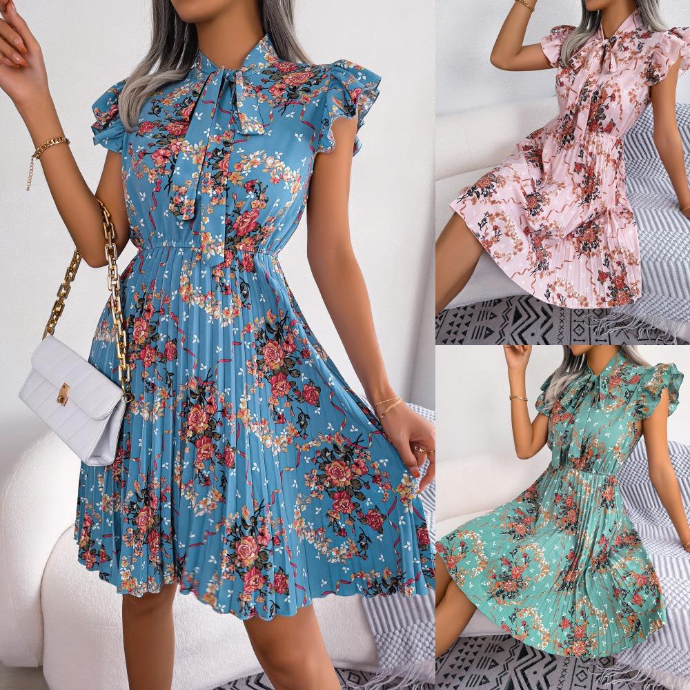 Spring and Summer Temperament Flower Tie Waist Large Swing Pleated Skirt Ladies Fashion Dress Loose Medium Long Skirt