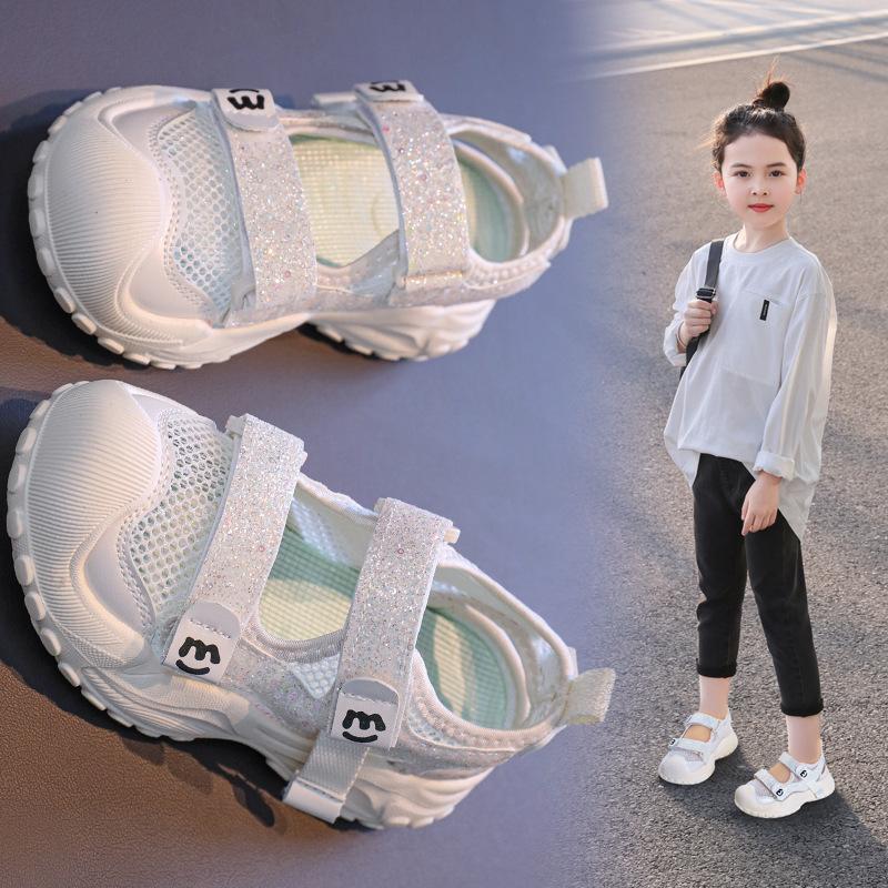 Children's Sparkling Princess Sports Sandals2026New Summer Solid Color Single Mesh Hollow Velcro Casual Shoes