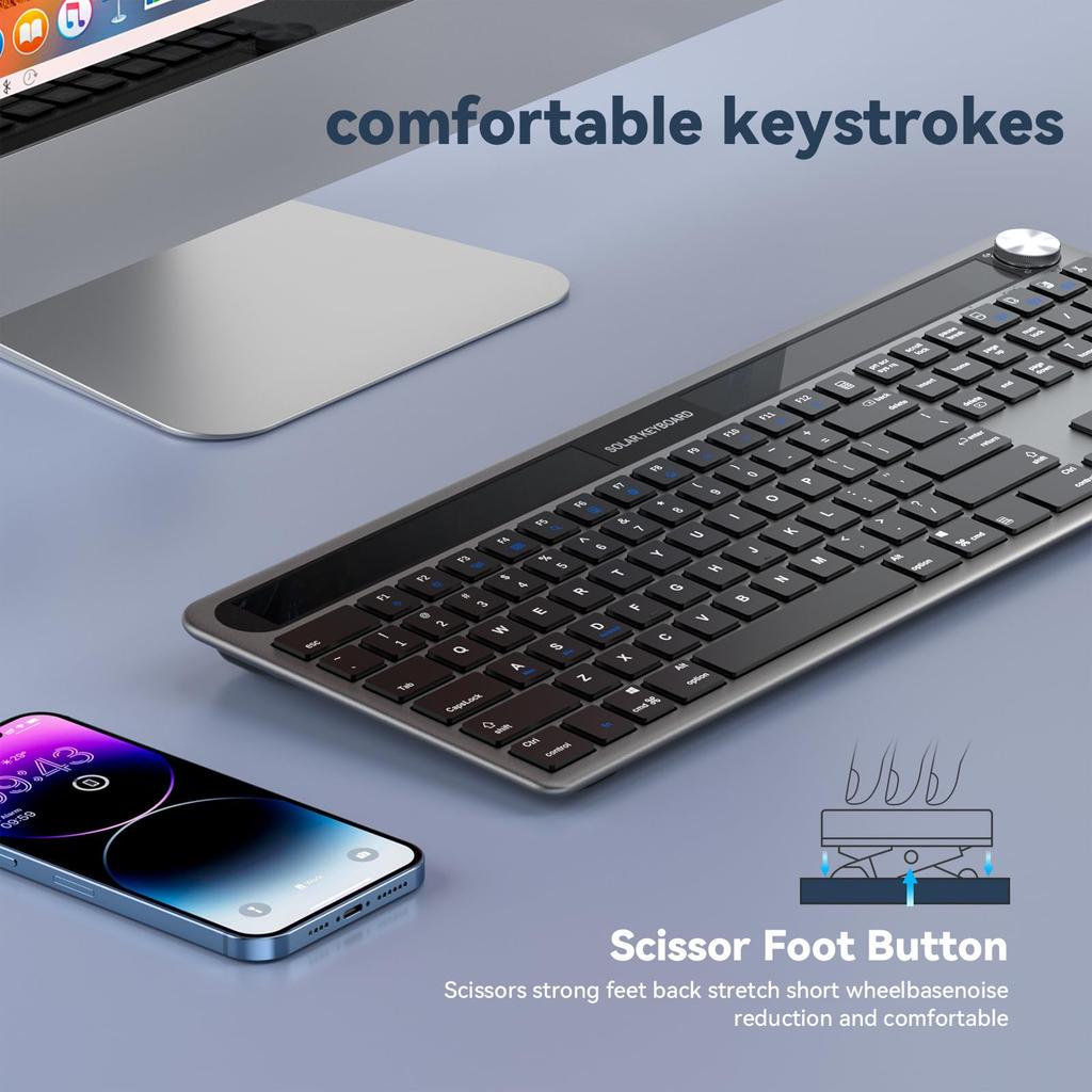Dejeen Wireless Solar Rechargeable Keyboard, Full-Size Solar Rechargeable Keyboard for PCs, Desktops, Laptops, Tablets, Smart TVs, and Windows 111087