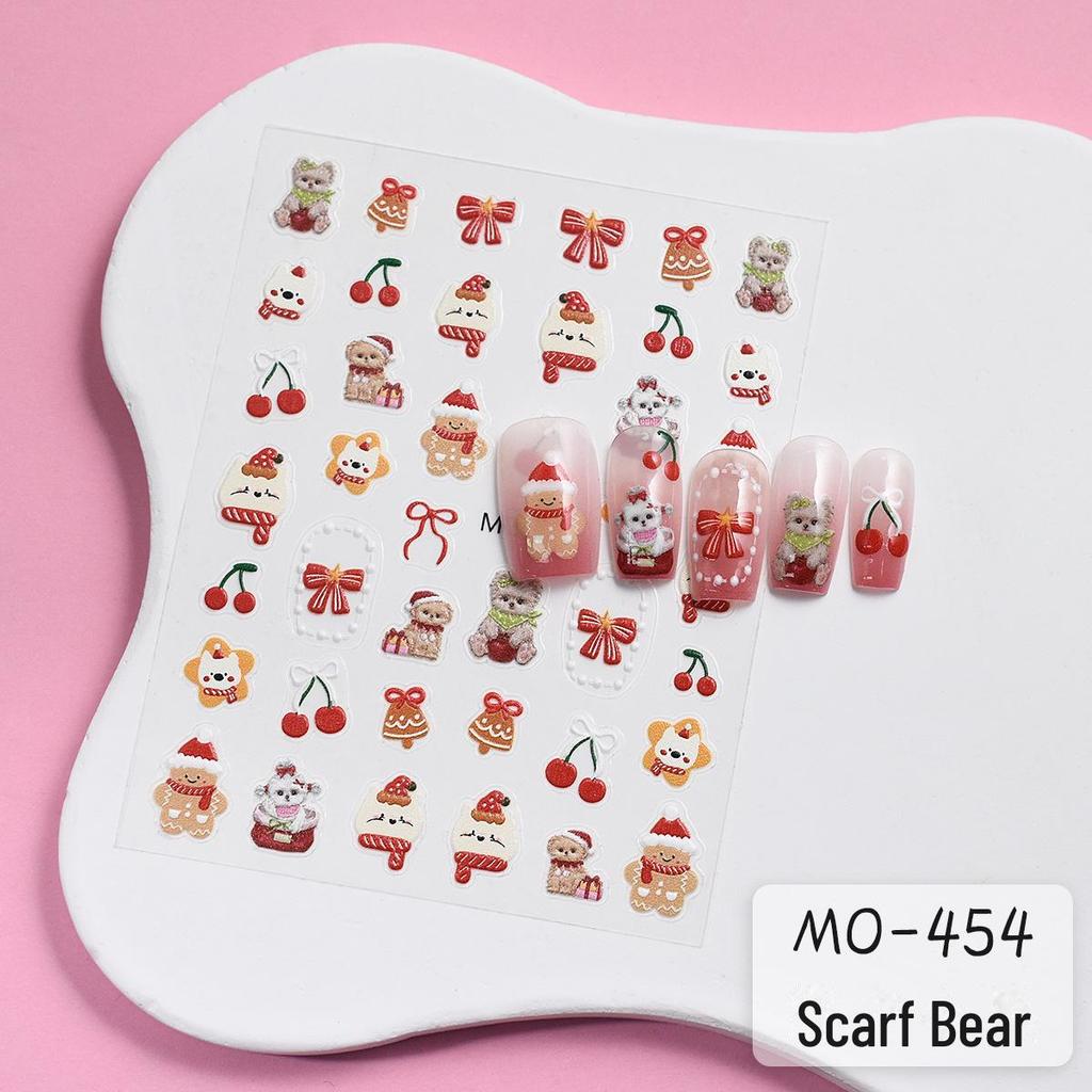 Festive 3D Apple & Cherry Bow Nail Stickers with Cartoon Cat Design