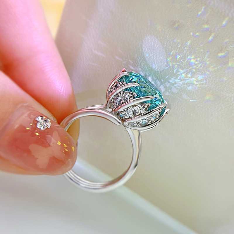 SACE GEMS Lotus Flower Rings for Women 925 Sterling Silver 12mm Green High Carbon Diamond Ice Flower Cut