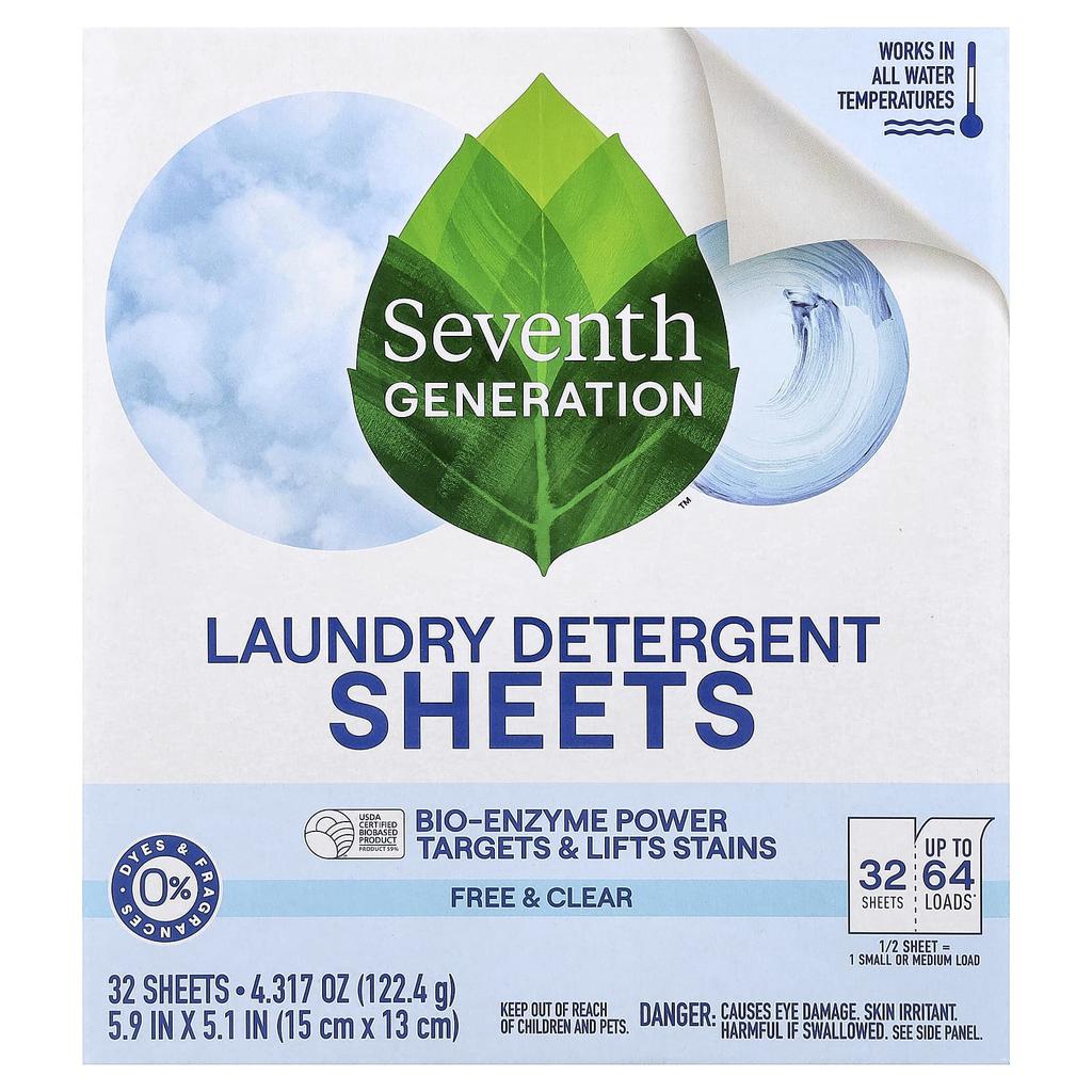Seventh Generation Laundry Detergent Sheets, Free & Clear, 32 Sheets, 4.317 Oz (122.4 G)