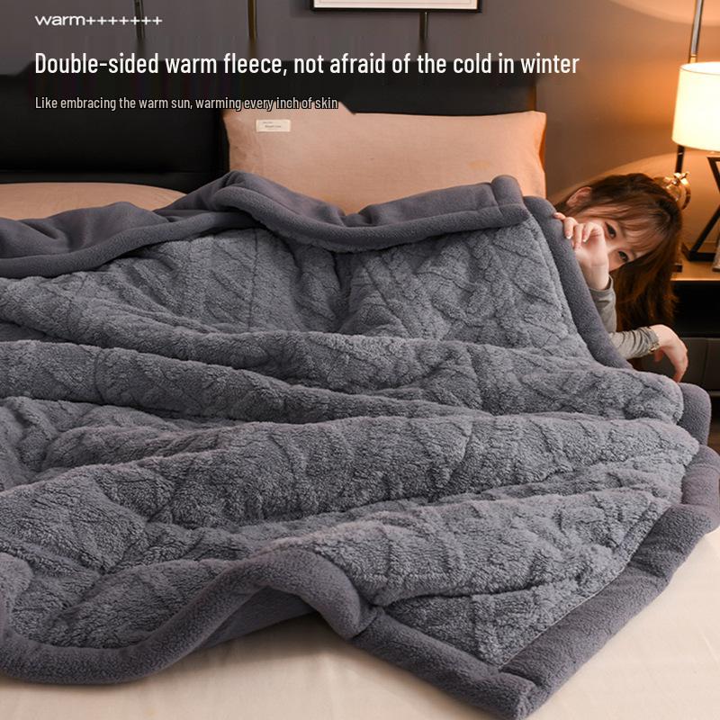 Coral Fleece Blanket Thick Three-Layer Coral Fleece Winter Blanket with Flannel and Lamb's Wool, Single Double Size
