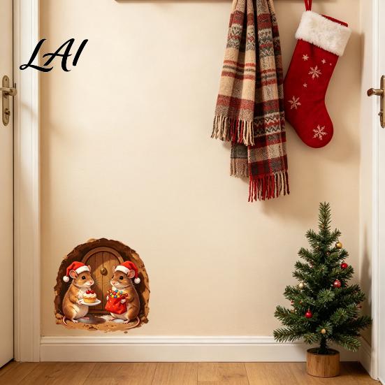 Party Background Decorations 3D Mouse Hole Wall Sticker for Christmas Decoration Realistic Santa Decal Waterproof PVC Festive Home Decoration
