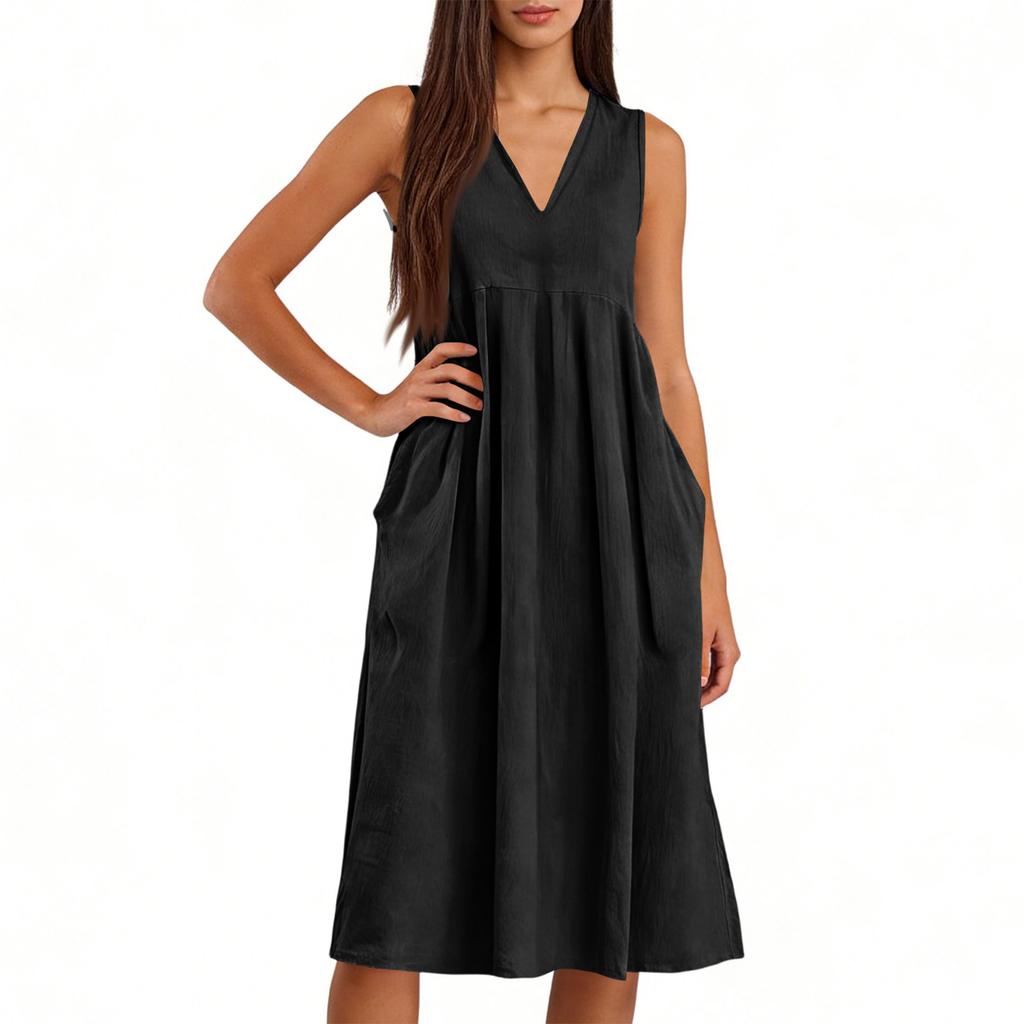 Ladies' Casual Pullover V-neck Sleeveless Cotton And Linen Loose Dress